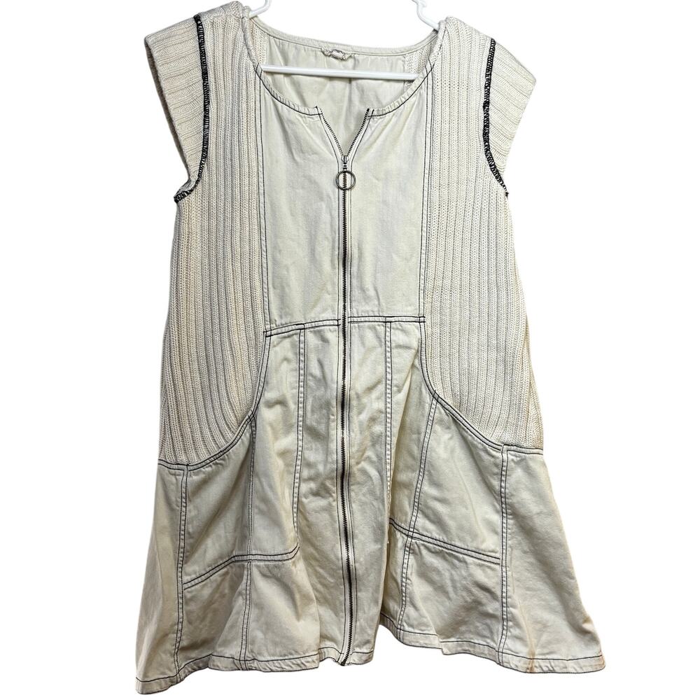 Pilcro Anthropologie Denim Mini Dress Mixed Media Knit Women's Medium Off White